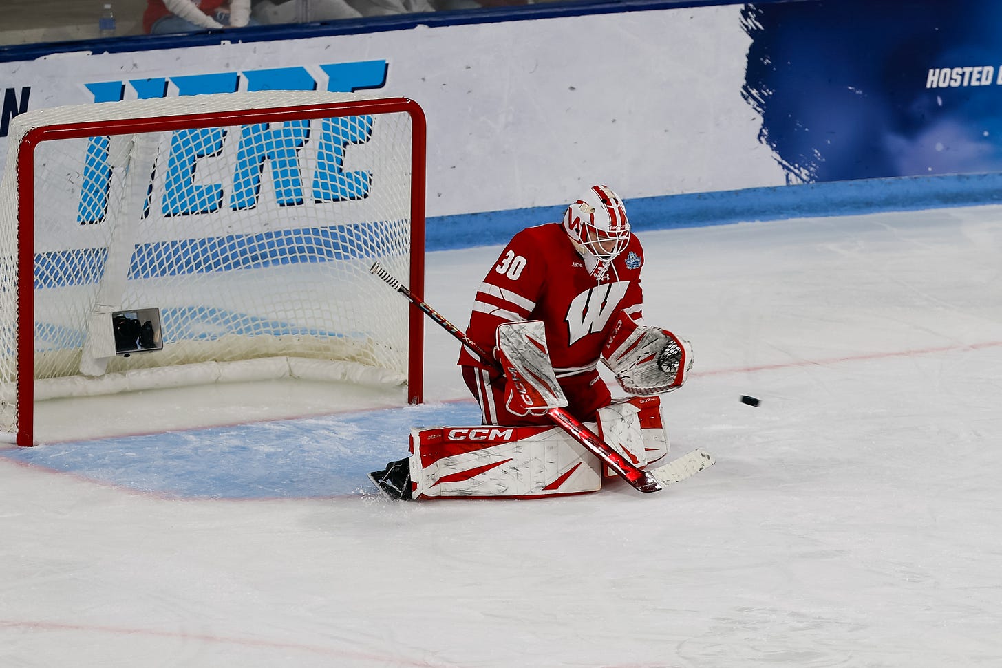 Ava McNaughton alone in the crease stopping a puck