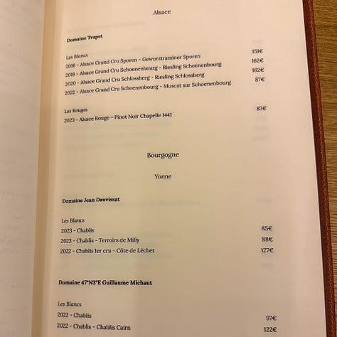 the wine list at Cypsèle restaurant in Paris