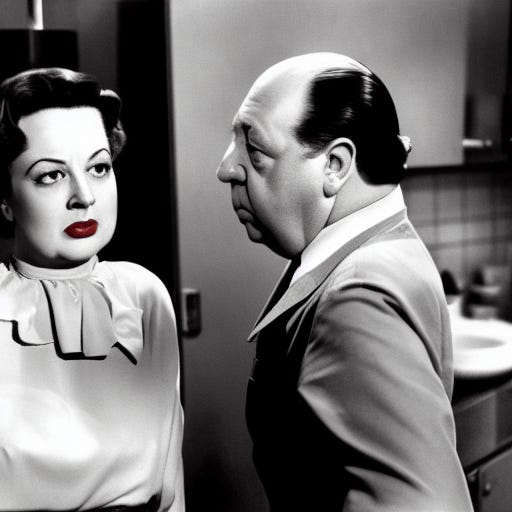 Prompt: Alfred Hitchcock scowls at a housewife