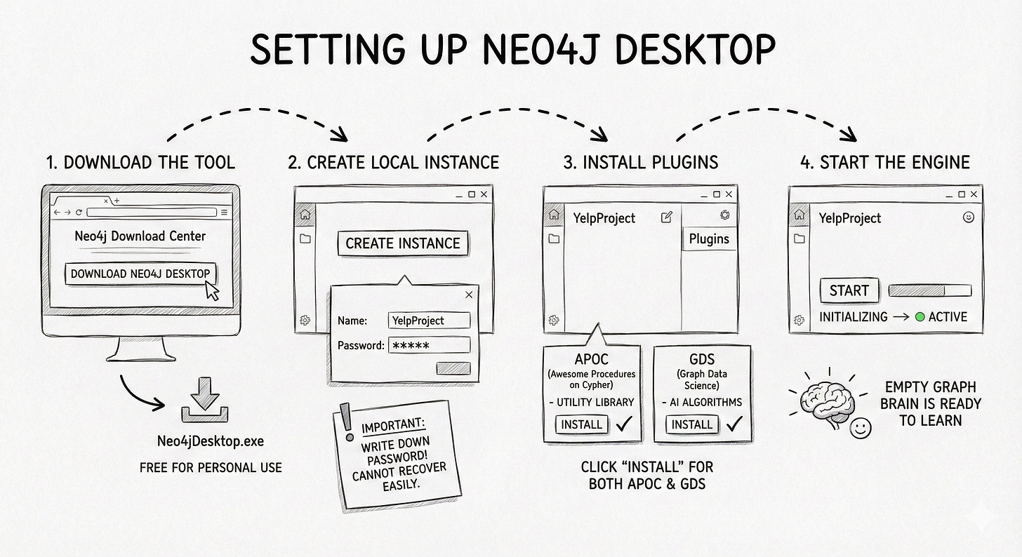An infographic illustrating the four-step process of setting up Neo4j Desktop: 1. Download the tool from the Neo4j center; 2. Create a local instance by naming it and setting a password; 3. Install the required APOC and GDS plugins; 4. Start the engine, showing the transition from initializing to active status.
