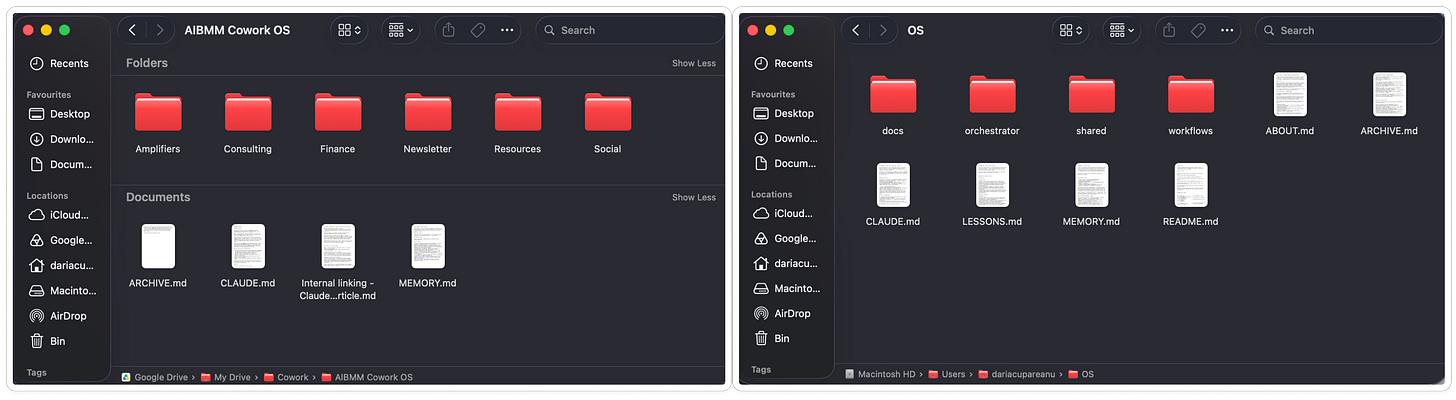 Two macOS Finder windows side by side showing Daria's Cowork and Claude Code operating systems, both built from plain markdown files like CLAUDE.md, MEMORY.md, ARCHIVE.md, and README.md organized in folders.