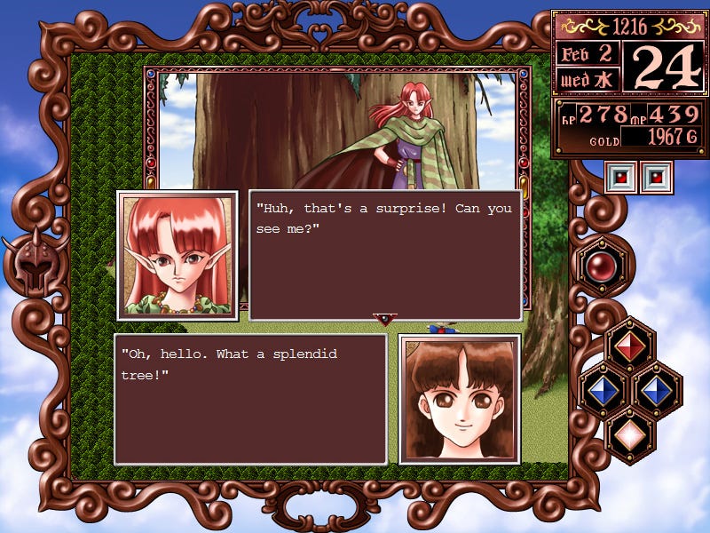 An official screenshot of Princess Maker 2 Refine. In this screenshot, the main character is talking to a red-haired woman who stands in front of a tree. The woman is surprised that the character can see her. In the upper right corner of the screen, various information is conveyed such as the in-game date and the amount of money currently available. An official screenshot of Princess Maker 2 Refine. In this screenshot, the main character is talking to a red-haired woman who stands in front of a tree. The woman is surprised that the character can see her. In the upper right corner of the screen, various information is conveyed such as the in-game date and the amount of money currently available.