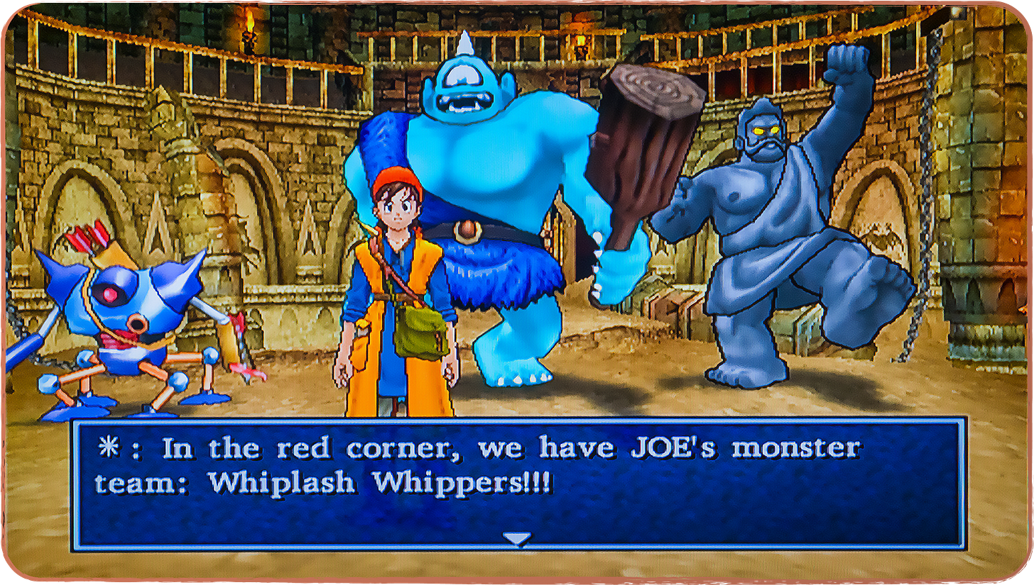 A photo showing the main character of Dragon Quest 8, posing with his Monster Team behind him in the Monster Arena.
