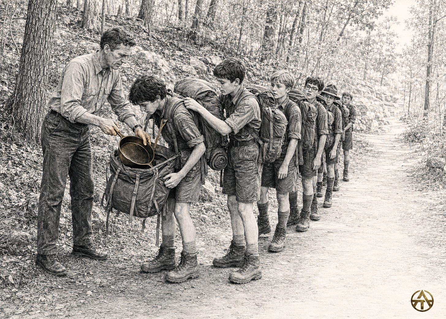 A scout leader removes a cast-iron skillet from Herbie’s overloaded backpack as the troop waits on a woodland trail.