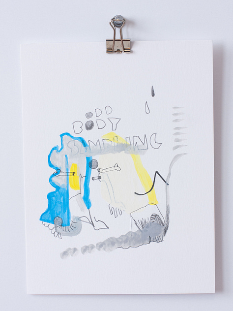 Six small paintings on paper in graphite, yellow, blue and gold.