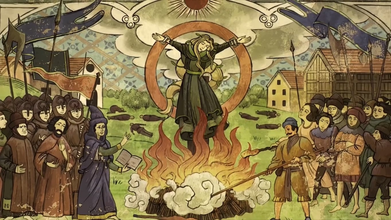 Ilustração de uma cena histórica com uma mulher sendo queimada em uma fogueira, cercada por espectadores, com bandeiras e casas ao fundo.