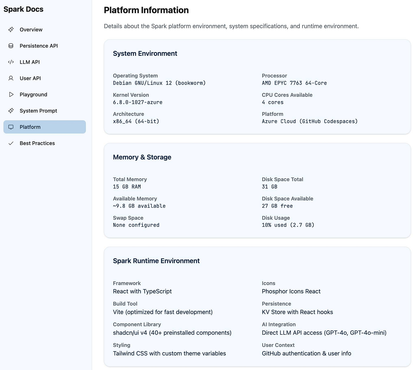 Platform page. Debian GNU/Linux 12 (bookworm), Kernel Version 6.8.0-1027-azure, x86_64 (64-bit), AMD EPYC 7763 64-Core, 4 cores available. Azure Cloud (GitHub Codespaces), 15 GB RAM, ~9.8 GB available, 31GB disk space, 27GB free, 10% used.