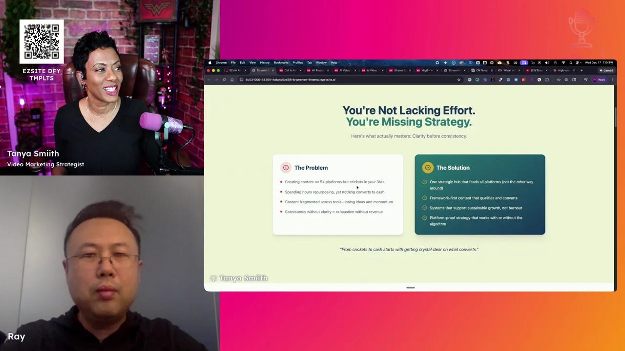 High-quality screenshot of EasySight page 'You're Not Lacking Effort. You're Missing Strategy.' showing problem and solution cards with hosts at left