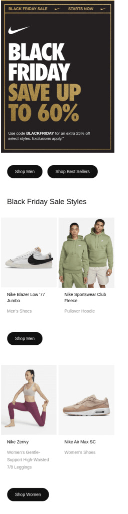 Black Friday email example by Nike