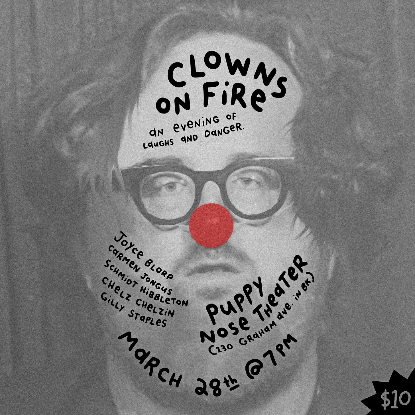 A CLOWNS ON FIRE flyer made in the Procreate app. A clown with a very tiny face looks at the viewer. The show information is all over his face.