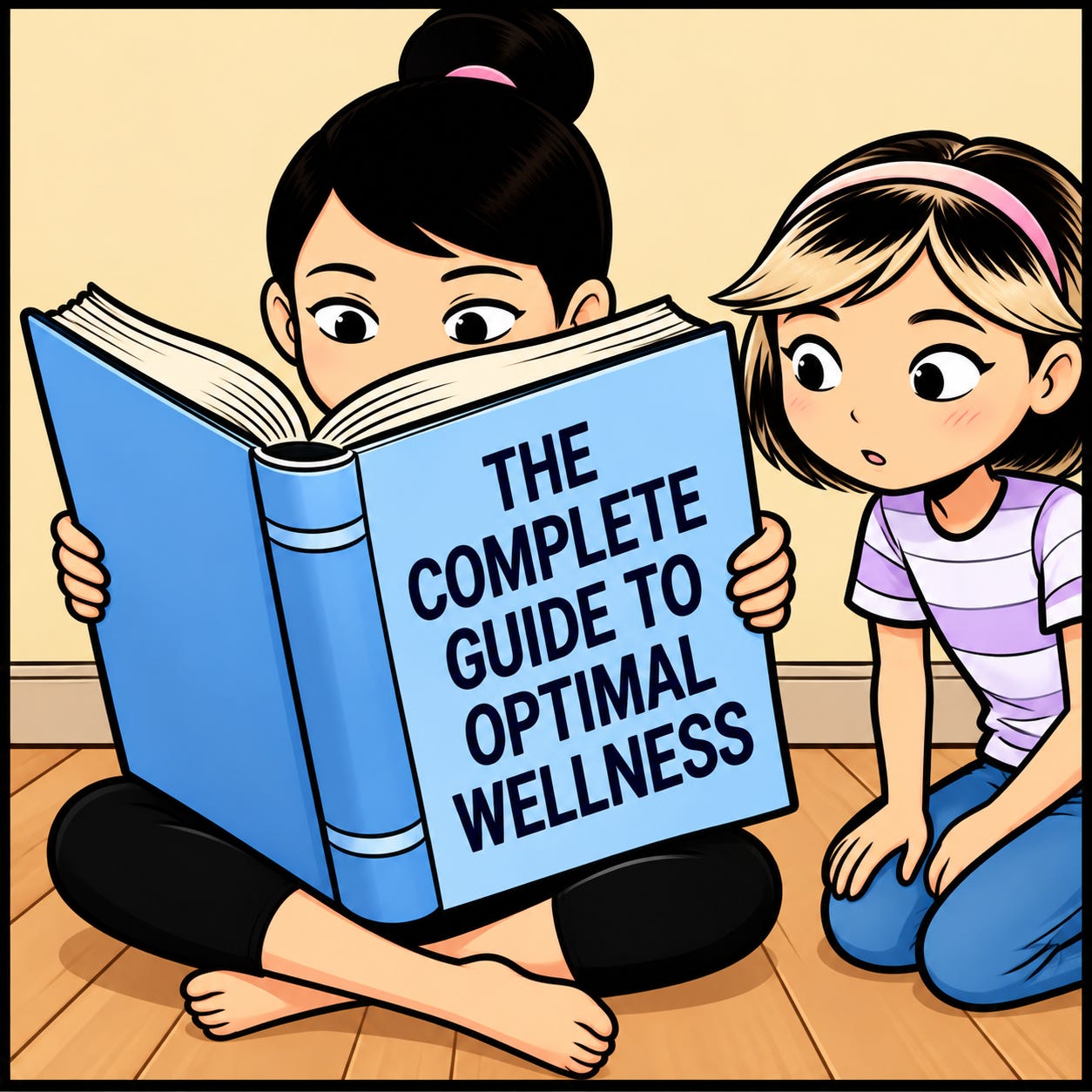 Zara reads a giant wellness book while Aari looks on curiously.