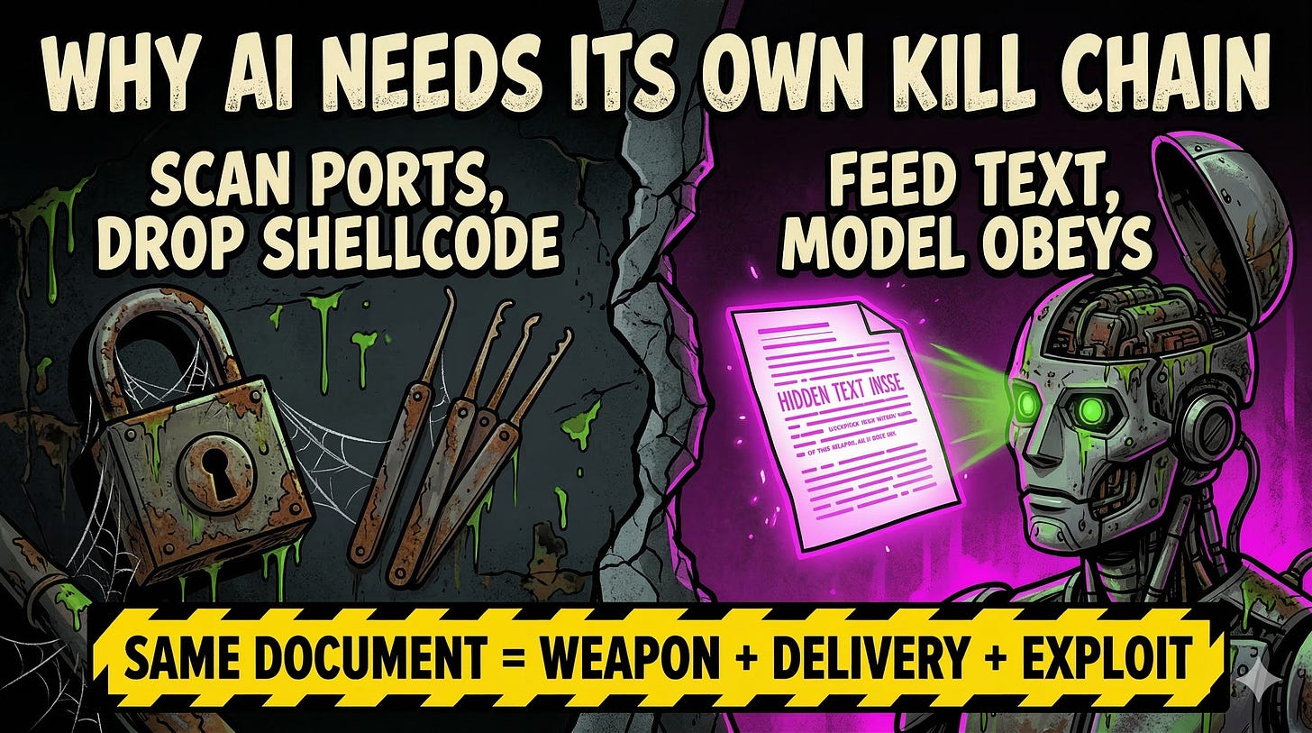 AI kill chain explained attack stages prompt injection context window poisoned input versus traditional cyber kill chain network intrusion