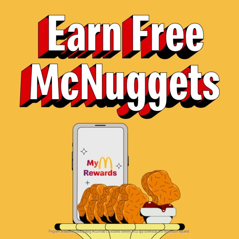 McDonald's on X: "what's better than mcnuggets? free mcnuggets. start  earning points u can redeem for free McDonald's using the new MyMcDonald's  Rewards. download the app today" / X