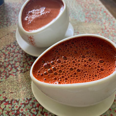 achiote tree, fruit, seeds, liquid dye from seeds, in pot with chocolate, finisher drink in cup