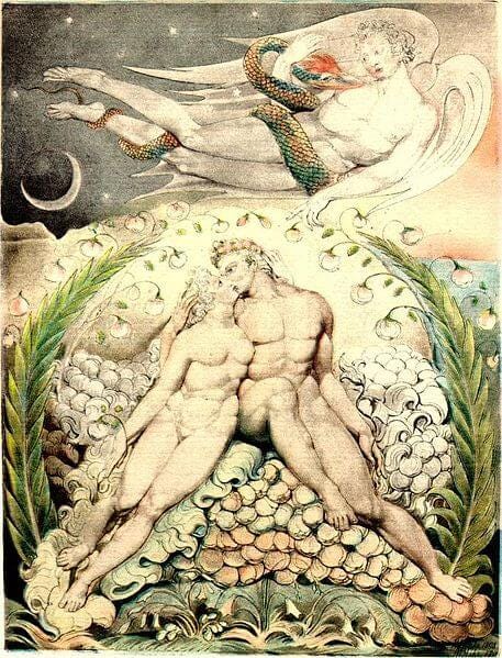 Satan watching the caresses of Adam and Eve Satan watching the caresses of Adam and Eve
