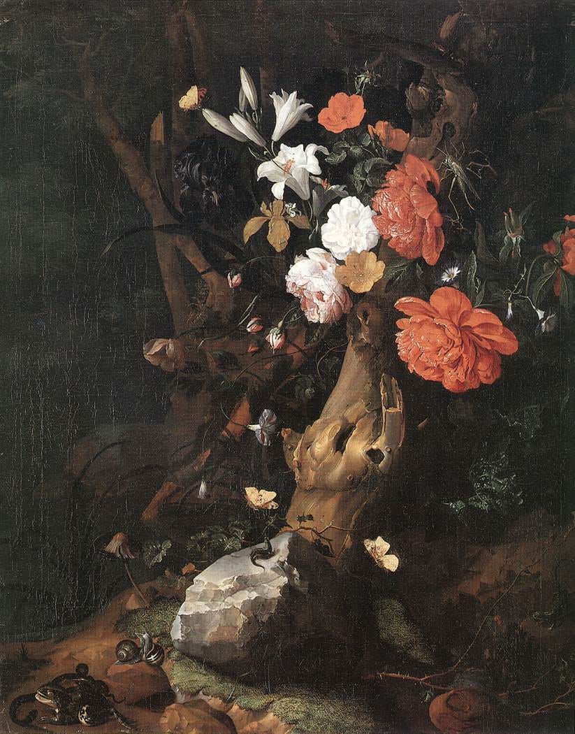 Flowers on a tree trunk; this is a typical example of the "forest floor" genre made popular by Marseus van Schrieck Flowers on a tree trunk; this is a typical example of the "forest floor" genre made popular by Marseus van Schrieck