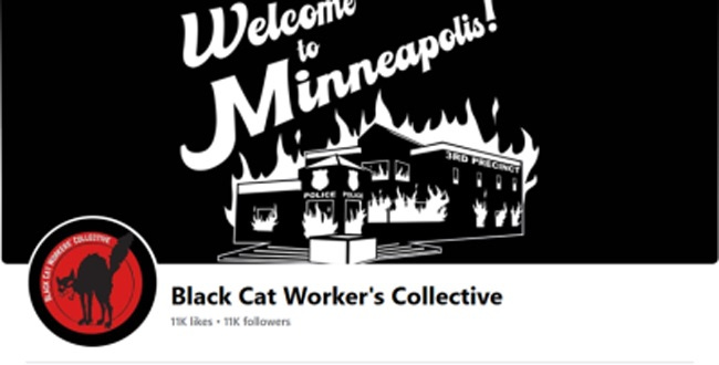 Facebook cover image for the Black Cat Worker’s Collective, featuring a stylized drawing of the MPD 3rd Precinct building on fire and the slogan 'Welcome to Minneapolis' in postcard-style script. Facebook cover image for the Black Cat Worker’s Collective, featuring a stylized drawing of the MPD 3rd Precinct building on fire and the slogan 'Welcome to Minneapolis' in postcard-style script.