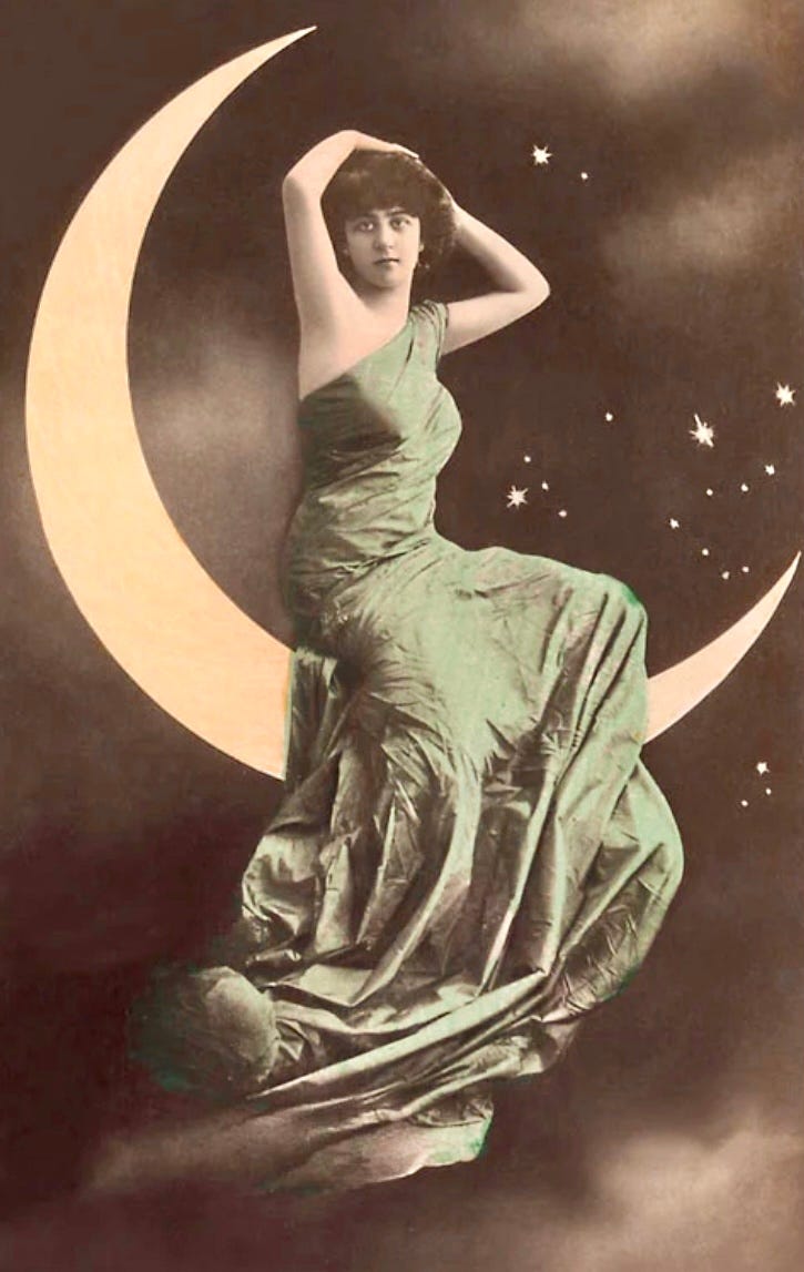 A portrait from the 1920s of a woman in a green dress sitting on a paper crescent moon