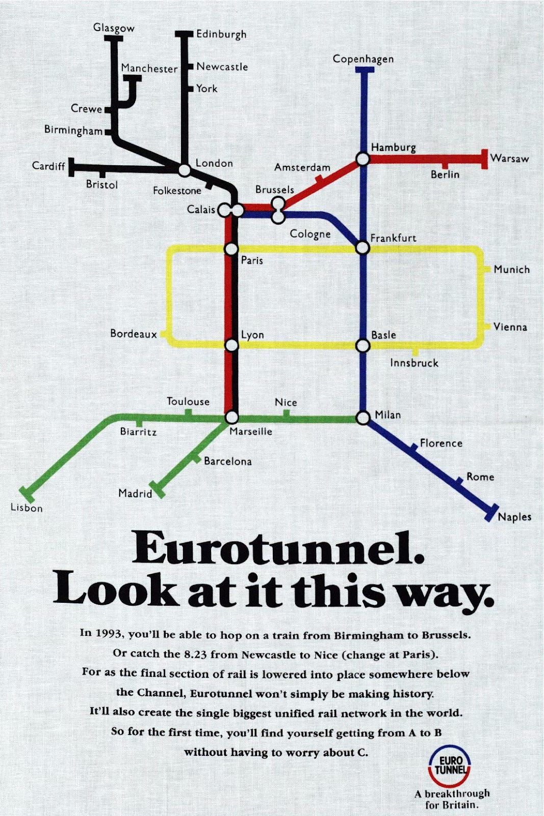 A tube style map of European rail services, with lines to Warsaw, Madrid, Copenhagen and Naples. The key one is the black route showing the entire British network, connecting via Calais to Paris, Lyon and Marseille