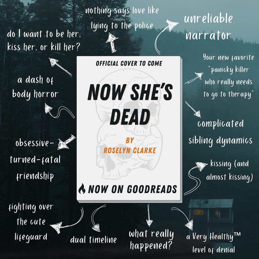 Announcement that NOW SHE’S DEAD by Roselyn Clarke is on Goodreads. Unofficial cover in the center  with arrows pointing out to various things you’ll find in the book. Includes unreliable narrator, a very healthy level of obsession, kissing (and almost kissing), complicated sibling dynamics, dual timeline, “do I want to be her, kiss her, or kill her,” a dash of body horror, “nothing says love like lying to the police,” obsessive-turned-fatal friendship, fighting over the cute lifeguard, what really happened, and your new favorite “panicky killer who really needs to go to therapy.” The background image is dark with a blue tint and shows a forest with a small cabin by a lake in the bottom right.
