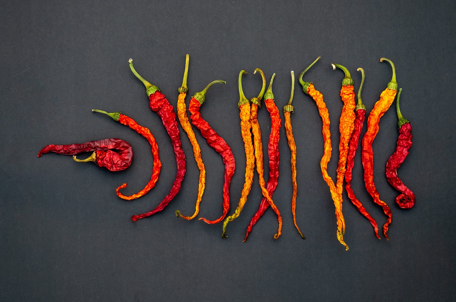 Spicy peppers arranged in a line. Spicy peppers arranged in a line.