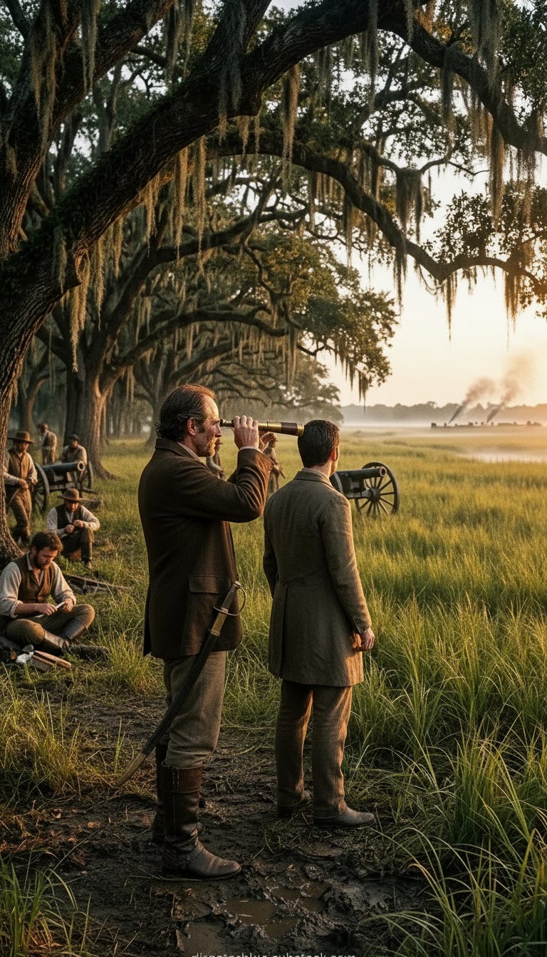 please rotate the foreground figures so they are looking at the camp in the distance_image_1