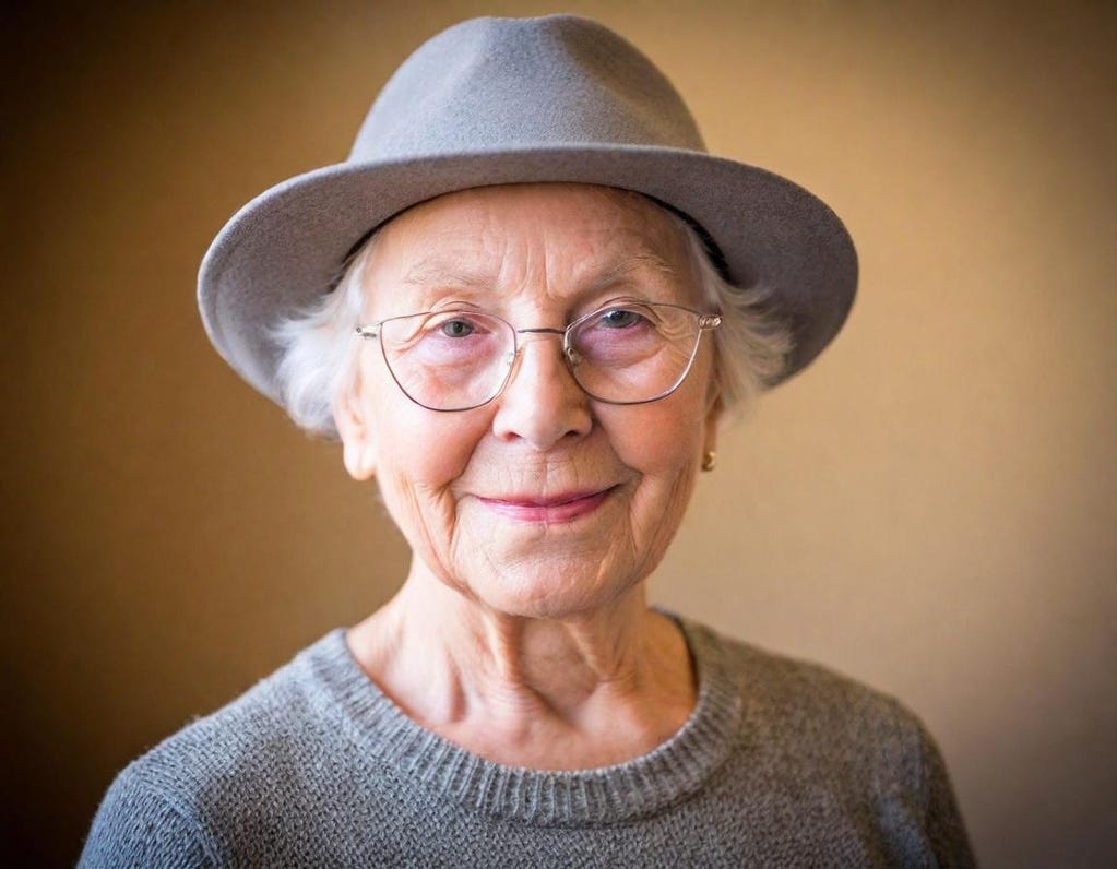 Extreme close up of 85-year old woman with smirk on her face who wears glasses and is wearing a small, fashionable "church-lady" hat.