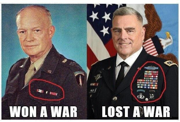 Two men in military uniforms. The man on the left, Dwight Eisenhower, wears a uniform with a patch and ribbons, marked with a red circle. The man on the right, Mark Milley, wears a uniform with medals and ribbons, also marked with a red circle. Text overlays read "WON A WAR" on the left and "LOST A WAR" on the right. Two men in military uniforms. The man on the left, Dwight Eisenhower, wears a uniform with a patch and ribbons, marked with a red circle. The man on the right, Mark Milley, wears a uniform with medals and ribbons, also marked with a red circle. Text overlays read "WON A WAR" on the left and "LOST A WAR" on the right.
