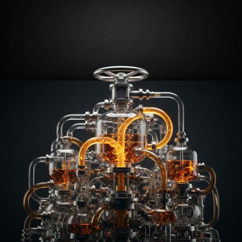 Ultra photorealistic cinematic macro tableau of a vast transparent liquidity machine inside a dark premium studio environment. At the top, one large master valve feeds a hierarchy of glass reservoirs, circular feedback loops, and thin pressure channels. Some loops glow with flowing amber liquid, others are dim, restricted, or draining. The system feels alive, intelligent, and constantly reorganising itself. Razor sharp foreground detail, shallow depth of field, graphite black background, silver metal, glass, amber liquidity glow, clean negative space in the upper third for title text. No people, no charts, no logos, no cliché financial symbols. Ultra photorealistic cinematic macro tableau of a vast transparent liquidity machine inside a dark premium studio environment. At the top, one large master valve feeds a hierarchy of glass reservoirs, circular feedback loops, and thin pressure channels. Some loops glow with flowing amber liquid, others are dim, restricted, or draining. The system feels alive, intelligent, and constantly reorganising itself. Razor sharp foreground detail, shallow depth of field, graphite black background, silver metal, glass, amber liquidity glow, clean negative space in the upper third for title text. No people, no charts, no logos, no cliché financial symbols.
