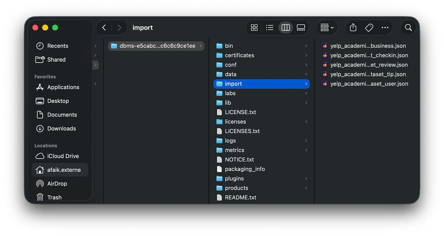 File explorer window showing the Neo4j import directory populated with the yelp_academic_dataset JSON files.