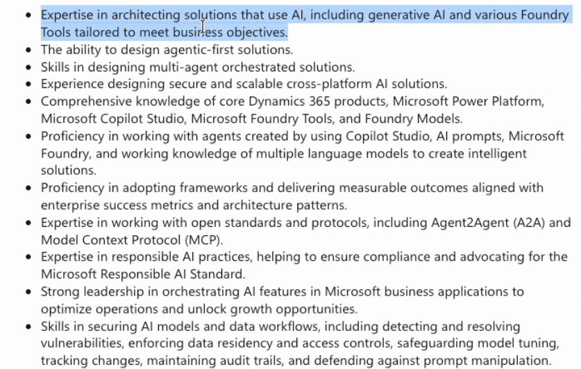 Animated GIF demonstrating how the Cluing browser extension captures research from an AI architect job description. The animation begins with a bulleted list of required skills, including generative AI architecture, agentic-first solutions, multi-agent orchestration, secure and scalable cross-platform AI, Microsoft Dynamics 365, Power Platform, Copilot Studio, Microsoft Foundry Tools and Foundry Models, and multiple language models. The first requirement—about architecting AI solutions tailored to business objectives—is highlighted, triggering a floating Cluing menu with Save, Bookmark, and Summarize actions. Additional requirements mention Agent2Agent (A2A) and Model Context Protocol (MCP). The GIF shows how Cluing can save or summarize technical source material during AI architecture research and exam preparation.