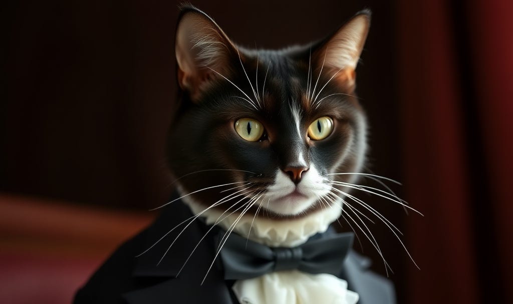 A black and white cat wearing a white frill and black bowtie.