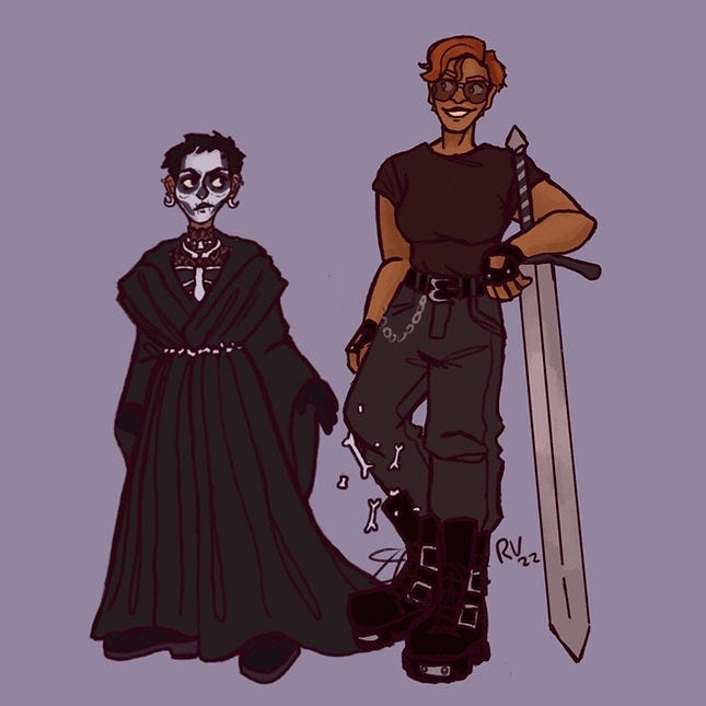 Two characters stand side by side; one in dark robes and gothic makeup, the other smiling with orange hair, black attire, and a sword, on a purple background.