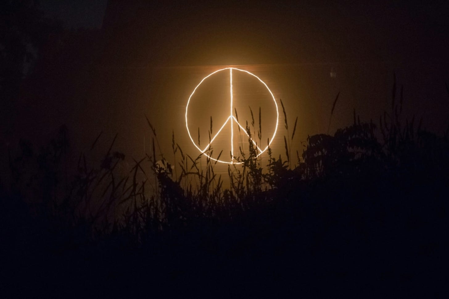 A glowing peace symbol floats in warm light against a dark background, partially obscured by silhouettes of tall grass and wild plants. A glowing peace symbol floats in warm light against a dark background, partially obscured by silhouettes of tall grass and wild plants.