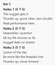 Screenshot showing generated output from an image-to-haiku Claude Code skill, with three 5-7-5 haikus describing a cartoon nugget image, demonstrating custom skills and MCP-powered creative workflows
