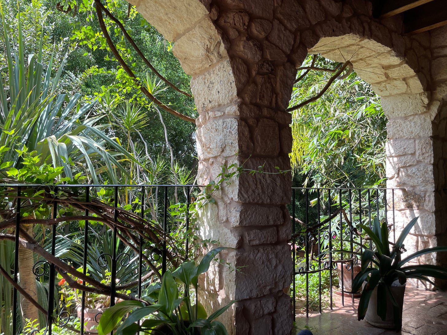 A view of the downstairs balcony, showing stone arches with iron railings and many plants.