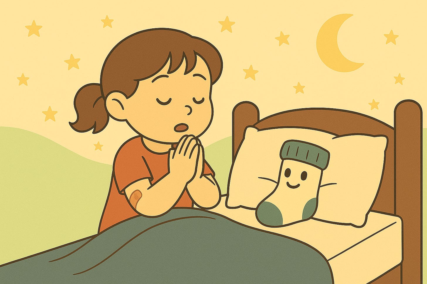 La bambina parla con la pioggia attraverso una preghiera. Ci tiene tanto ad andare alla Pigneta domani e vuole farlo sapere alla pioggia. C'è un calzino sul cuscino del letto.
