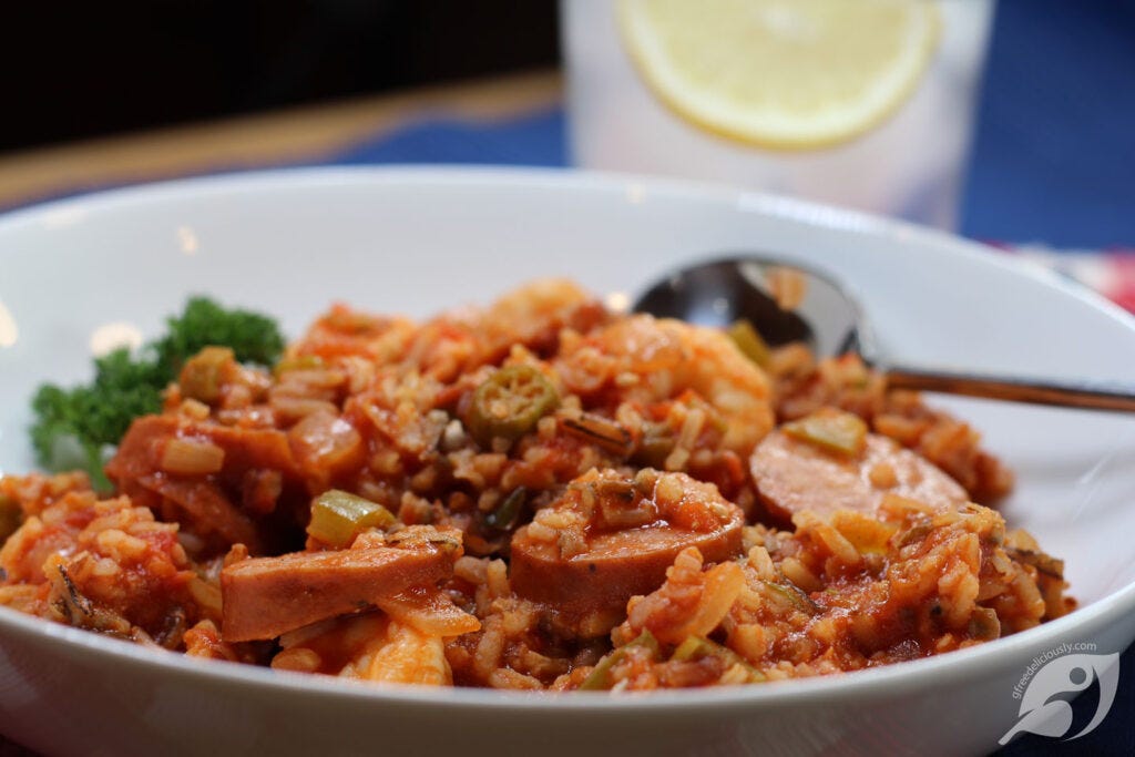 45-Minute Jambalaya Skillet Dinner closeup plated with andouille sausage, okra, and shrimp 45-Minute Jambalaya Skillet Dinner closeup plated with andouille sausage, okra, and shrimp