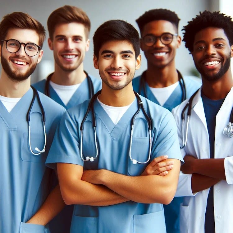 A varied team of cardiologists, dressed in their professional scrubs, gather together in unity, beaming with joy as they pose for a group photo. Each member brings a unique set of skills and experiences to the table, creating a dynamic and well-rounded group that is ready to tackle any challenge in the field of cardiology.