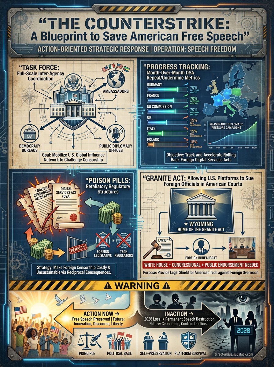 Detailed Infographic Prompt (3x4 format)An action-oriented strategic blueprint infographic designed like a military operations plan or architectural schematic The header declares THE COUNTERSTRIKE A Blueprint to Save American Free SpeechThe _image_1