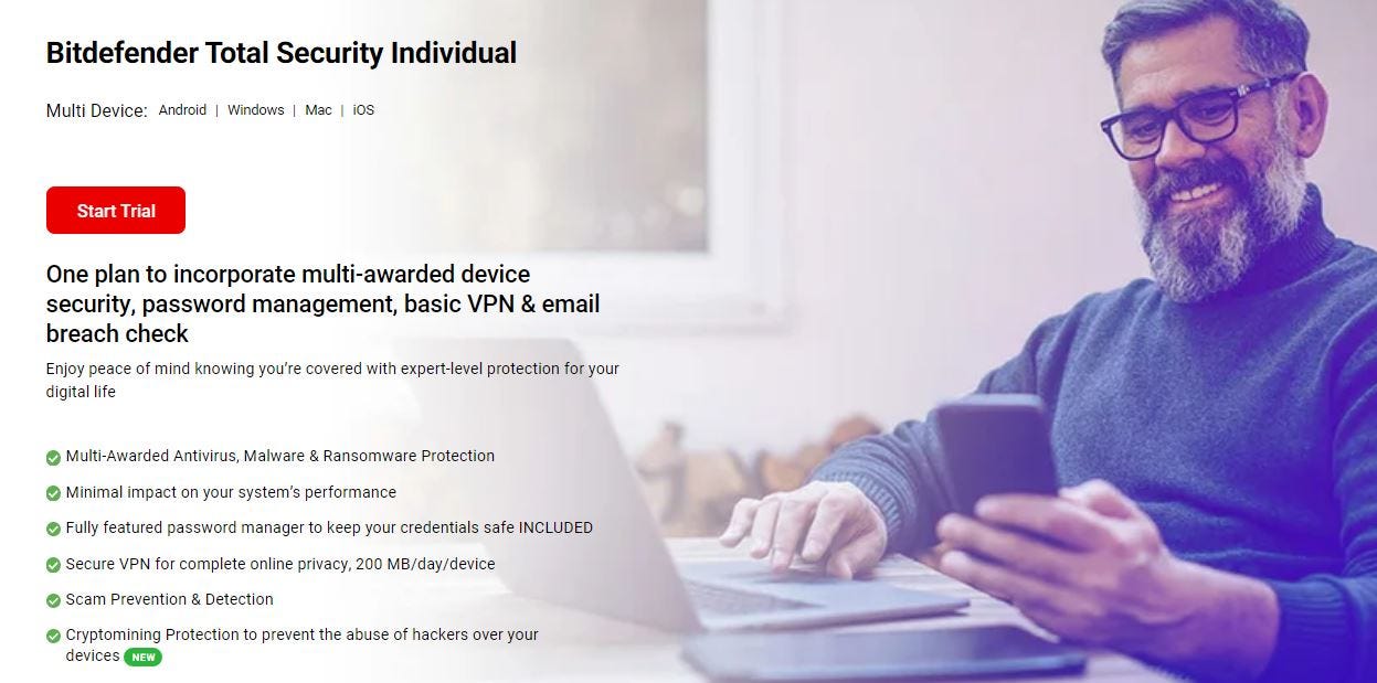 Bitdefender Total Security dashboard offering lightweight protection for remote workers
