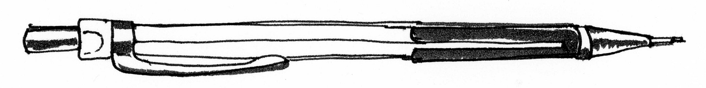K. Woodman-Maynard, black and white ink illustration of a mechanical pencil. 