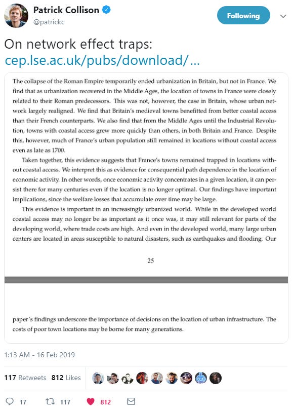 See this tweet from Patrick Collison on the geographic stickiness of Economic Networks established under a Feudal system See this tweet from Patrick Collison on the geographic stickiness of Economic Networks established under a Feudal system