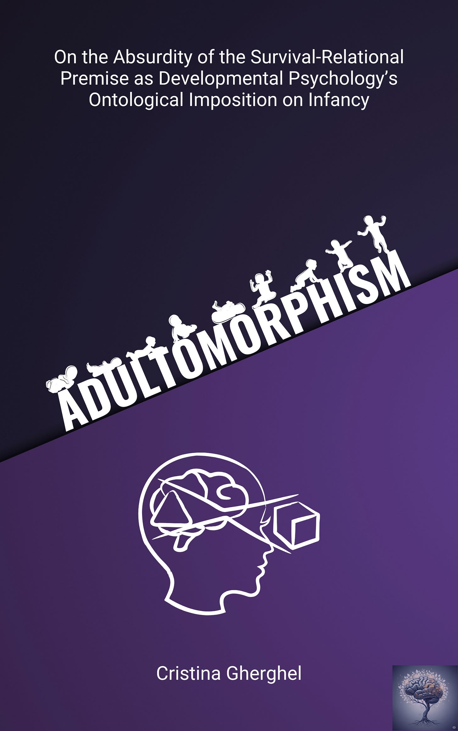 Indigo and purple book cover with white writing and babies: Adultomorphism