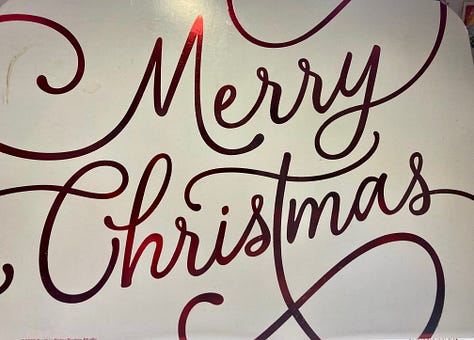 Pictures of Christmas tree and wreath and ornaments, wishing Merry Christmas