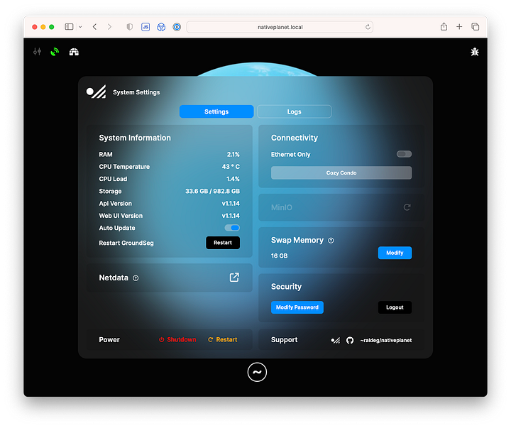 Screenshots of initial Native Planet setup pages