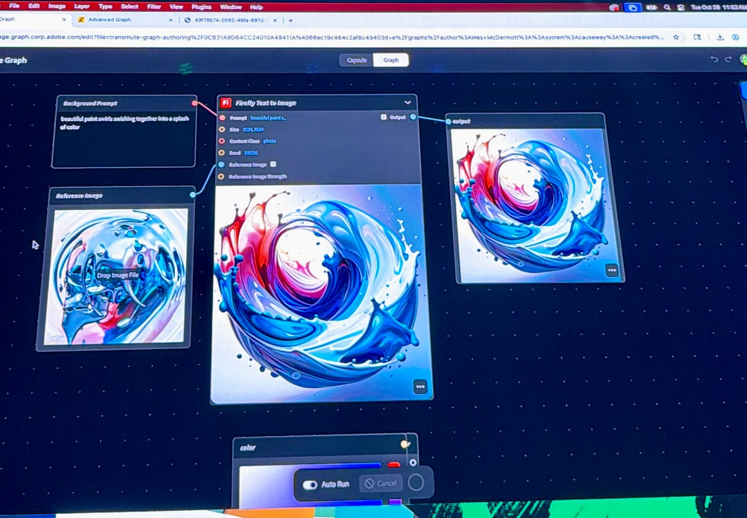 Screenshot of Adobe Project Graph interface showing node-based creative automation connecting Photoshop, Premiere, and Firefly through visual data and workflow nodes.