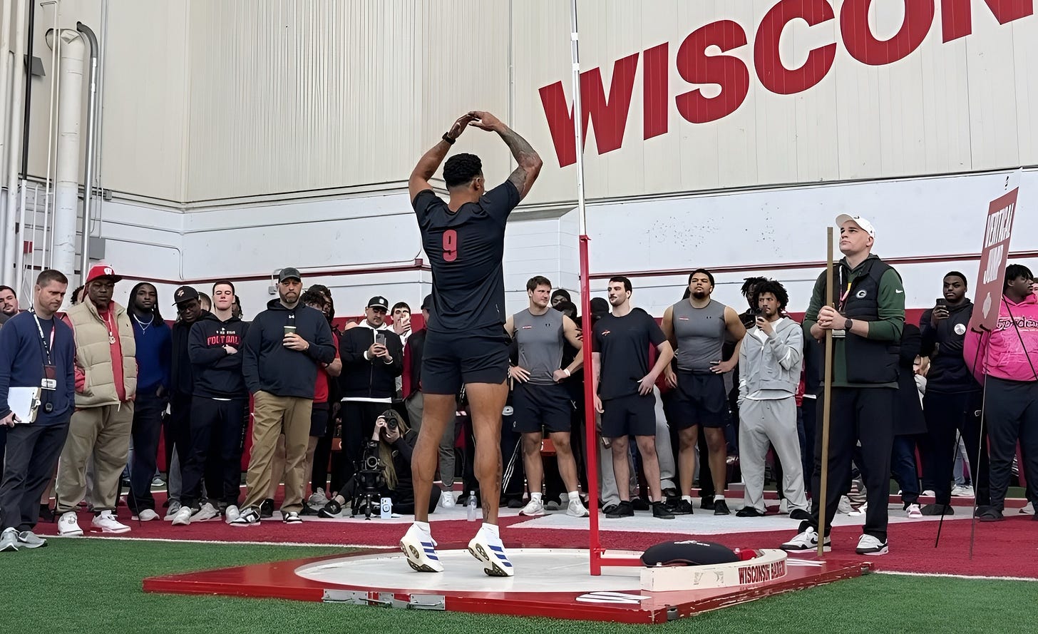 Wisconsin Badgers safety Austin Brown attempts the vertical jump during Pro Day testing inside the McClain Center. 