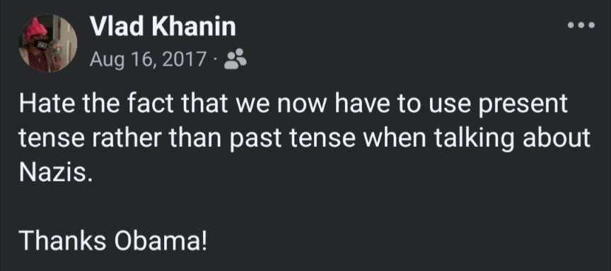 Screenshot of my post from August of 2017 saying that I hate the fact that we have to use present tense rather than past tense even talking about Nazis.