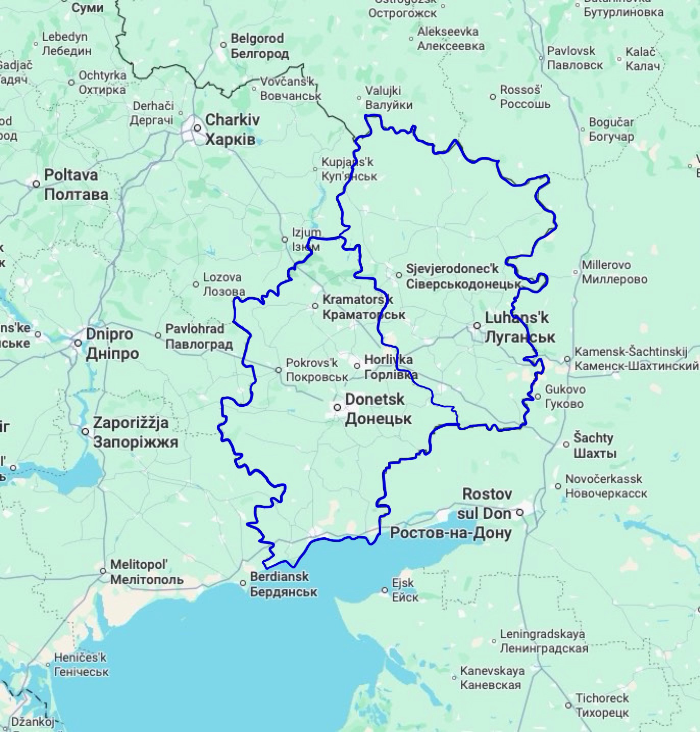 Geographical map of eastern Ukraine showing the Donbas region, which includes the two oblasts of Donetsk and Luhansk.